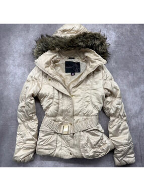 Vintage Y2K Baby Phat Cream Satin Faux Fur Belted Puffer Jacket Coat Small